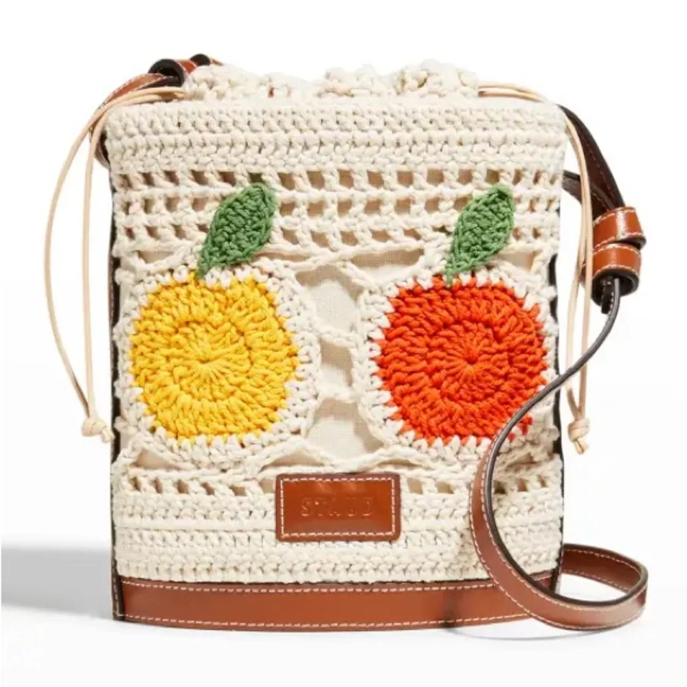 STAUD Cream Crochet Bucket Crossbody with Yellow and Red Fruit Motifs - Picture 10 of 12